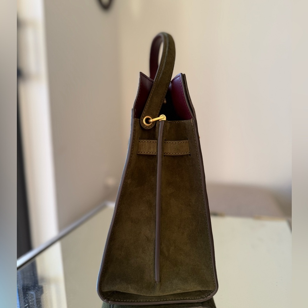 Tory Burch Large Lee Radziwill Olive Green Suede Satchel with Burgundy Trim - Picture 8 of 12